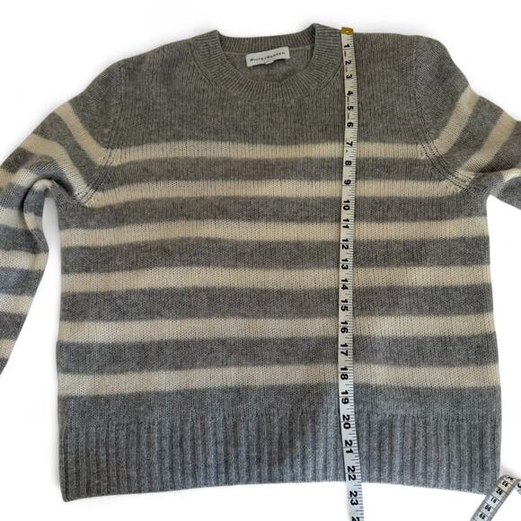WHITE + WARREN Gray Ivory Striped 100% Cashmere Soft Cozy Crewneck Sweater Small - Picture 6 of 9